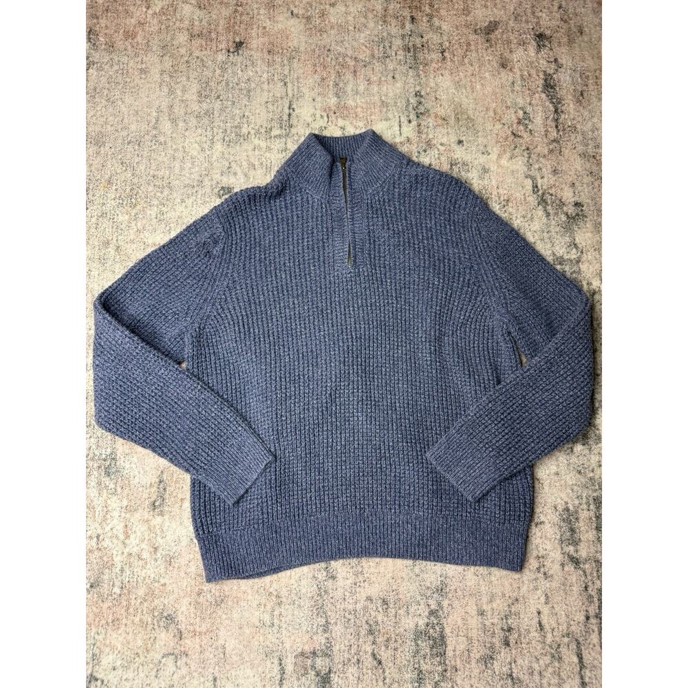 LL Bean Organic Cotton Waffle Knit Quarter Zip Sweater Mens M Blue